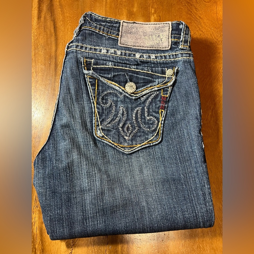 MEK New Mazatlan Bootcut Ladies Denim Buckle Low Rise Size 30/32 Waist 16.5 Flat